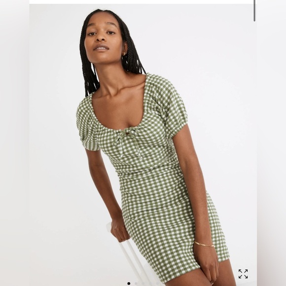 Womens madewell Jacquard Puff-Sleeve Mini Dress in Gingham Check green size XS - Picture 1 of 13